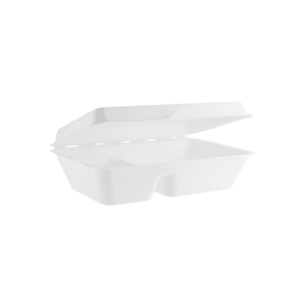 Biodegradable bagasse clamshell container (2 compartment)