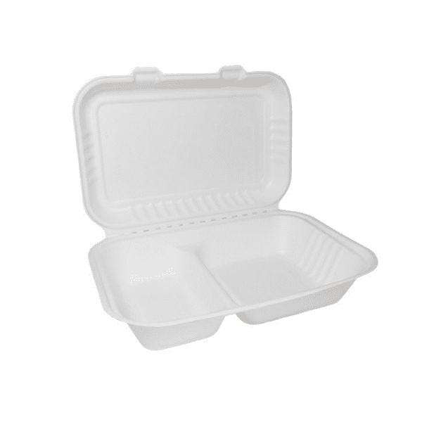 Biodegradable bagasse clamshell container (2 compartment)