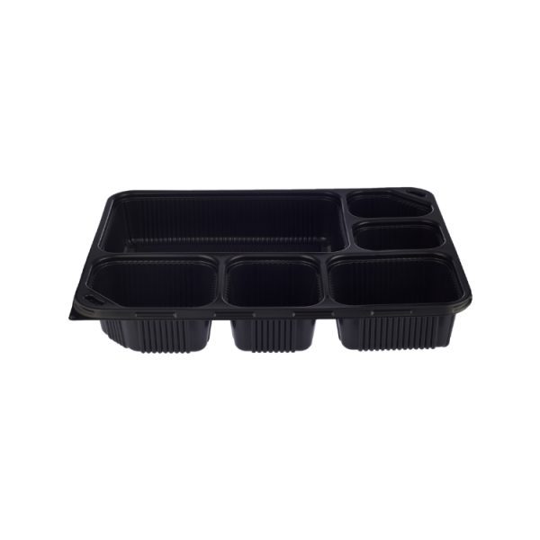 Black polypropylene six compartment food container base